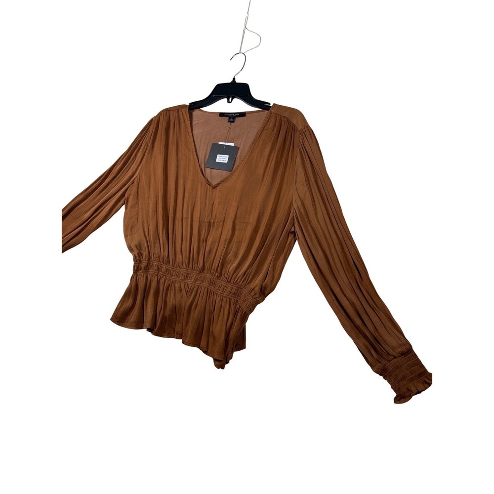 Marc New York Andrew Marc Umber Brown Smocked Peplum V-Neck Blouse M2MT1560 L